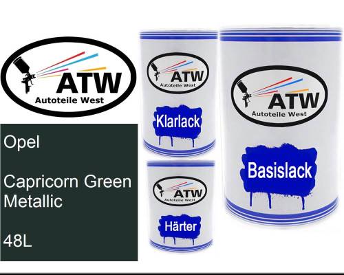 Opel, Capricorn Green Metallic, 48L: 500ml Lackdose + 500ml Klarlack + 250ml Härter - Set, von ATW Autoteile West.